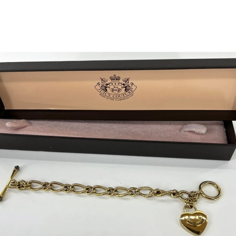 Juicy Couture Gold Tone Link Charm Bracelet with Heart - Toggle Closure 7.5"